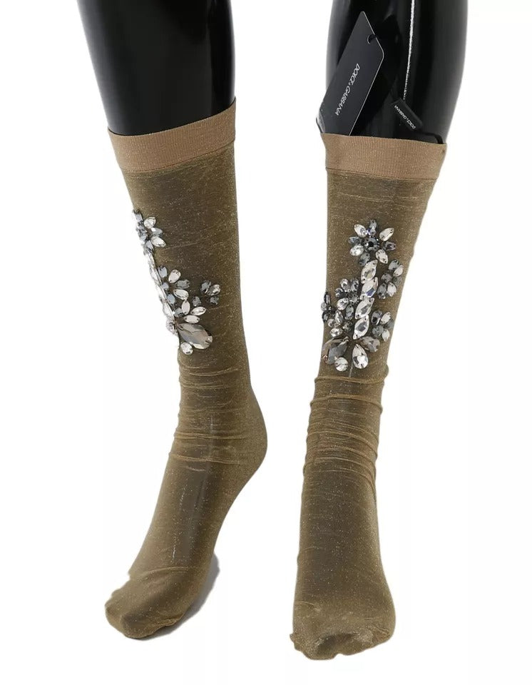 Dolce & Gabbana Women's Nylon Polyester & Calf Leather Socks - Gold Gray Floral