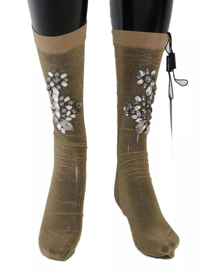 Dolce & Gabbana Women's Nylon Polyester & Calf Leather Socks - Gold Gray Floral