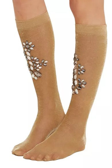 Dolce & Gabbana Women's Nylon Polyester & Calf Leather Socks - Gold Gray Floral