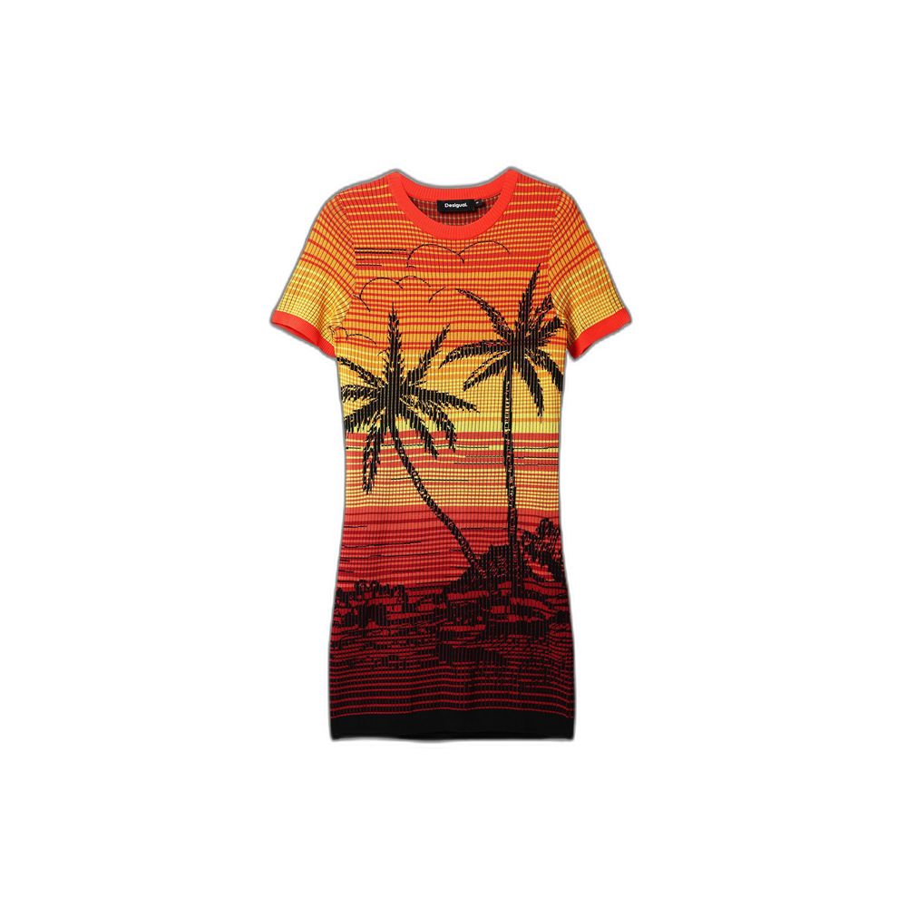 Desigual Red Viscose Midi Short Knit Palm Tree Dress