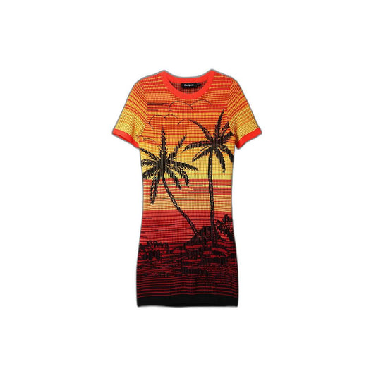 Desigual Red Viscose Midi Short Knit Palm Tree Dress