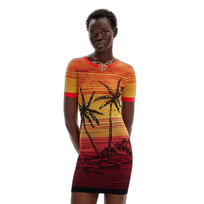 Desigual Red Viscose Midi Short Knit Palm Tree Dress