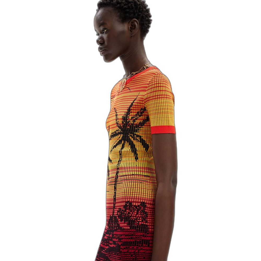 Desigual Red Viscose Midi Short Knit Palm Tree Dress