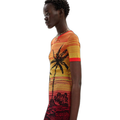 Desigual Red Viscose Midi Short Knit Palm Tree Dress
