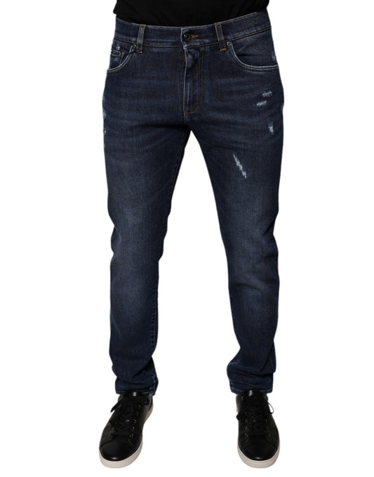 Jeans by Dolce & Gabbana for men in stretch denim cotton polyester dark-blue & print features an sartorial skinny & regular-fit and long with a cut for a sartorial finish.