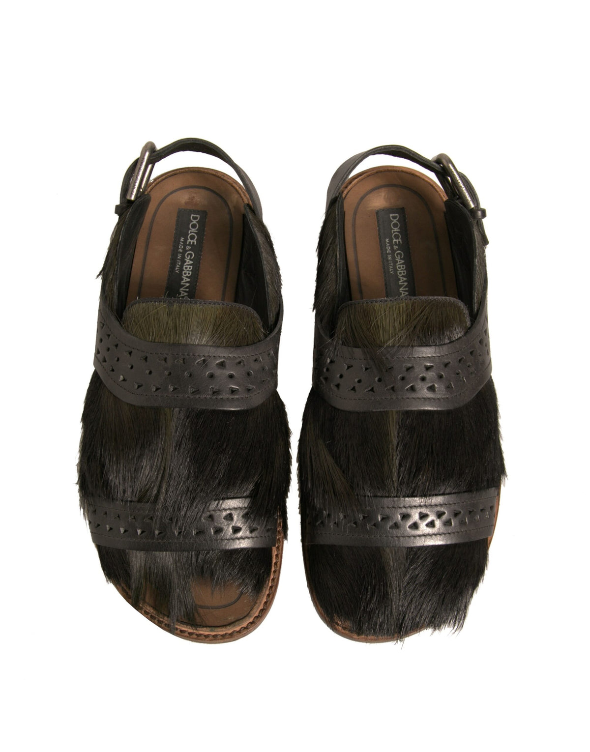 Dolce & Gabbana Men's Calfskin Leather & Gazelle Hair Flat Sandals - Green