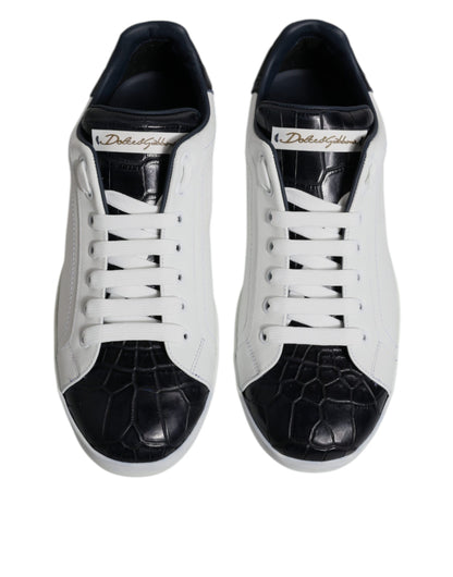 Dolce & Gabbana Men's Fashion Calfskin Crocodile Leather & Rubber Sneakers - Black White