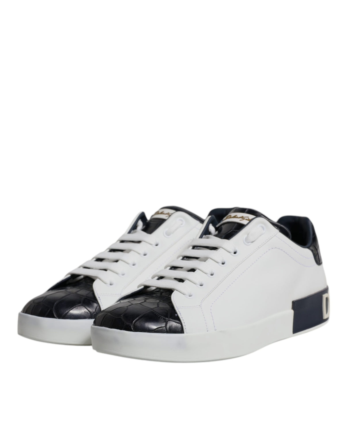 Dolce & Gabbana Men's Fashion Calfskin Crocodile Leather & Rubber Sneakers - Black White