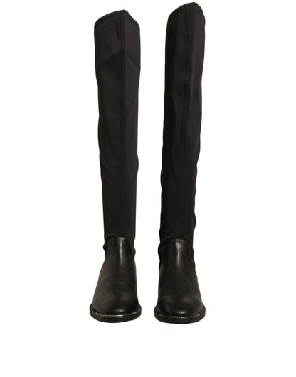 MY TWIN Women's Suede Leather Flat High Knee-High Boots - Black