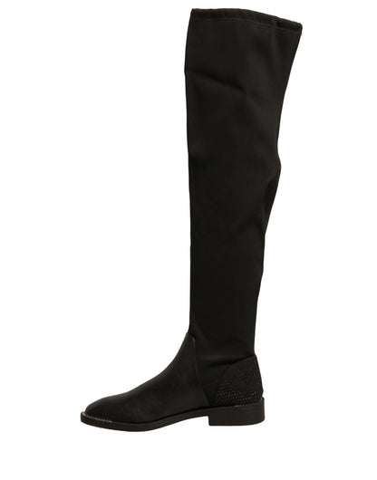 MY TWIN Women's Suede Leather Flat High Knee-High Boots - Black