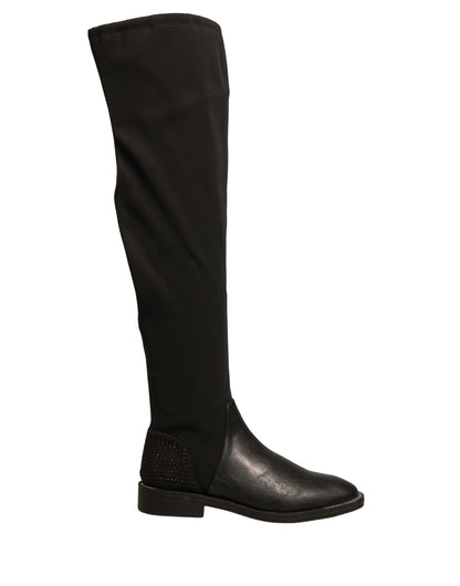 MY TWIN Women's Suede Leather Flat High Knee-High Boots - Black