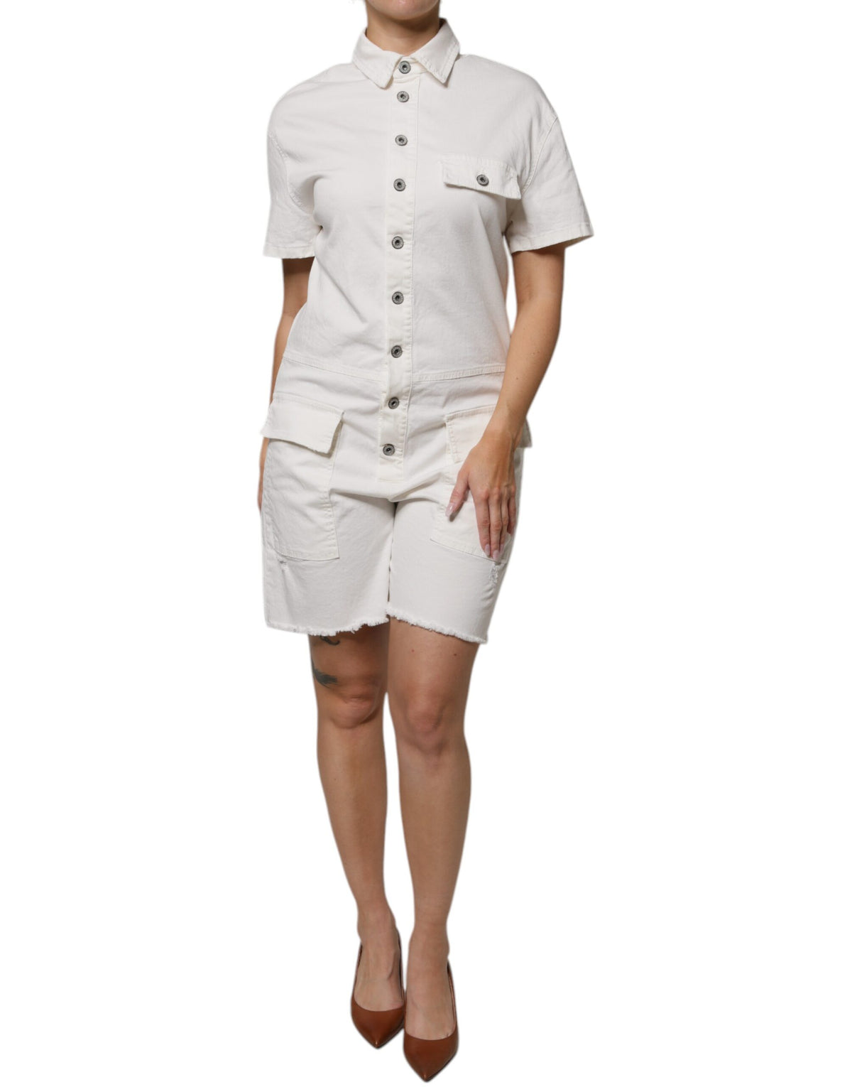 Please Women's Short-Sleeve Stretch Cotton Short Dress - White
