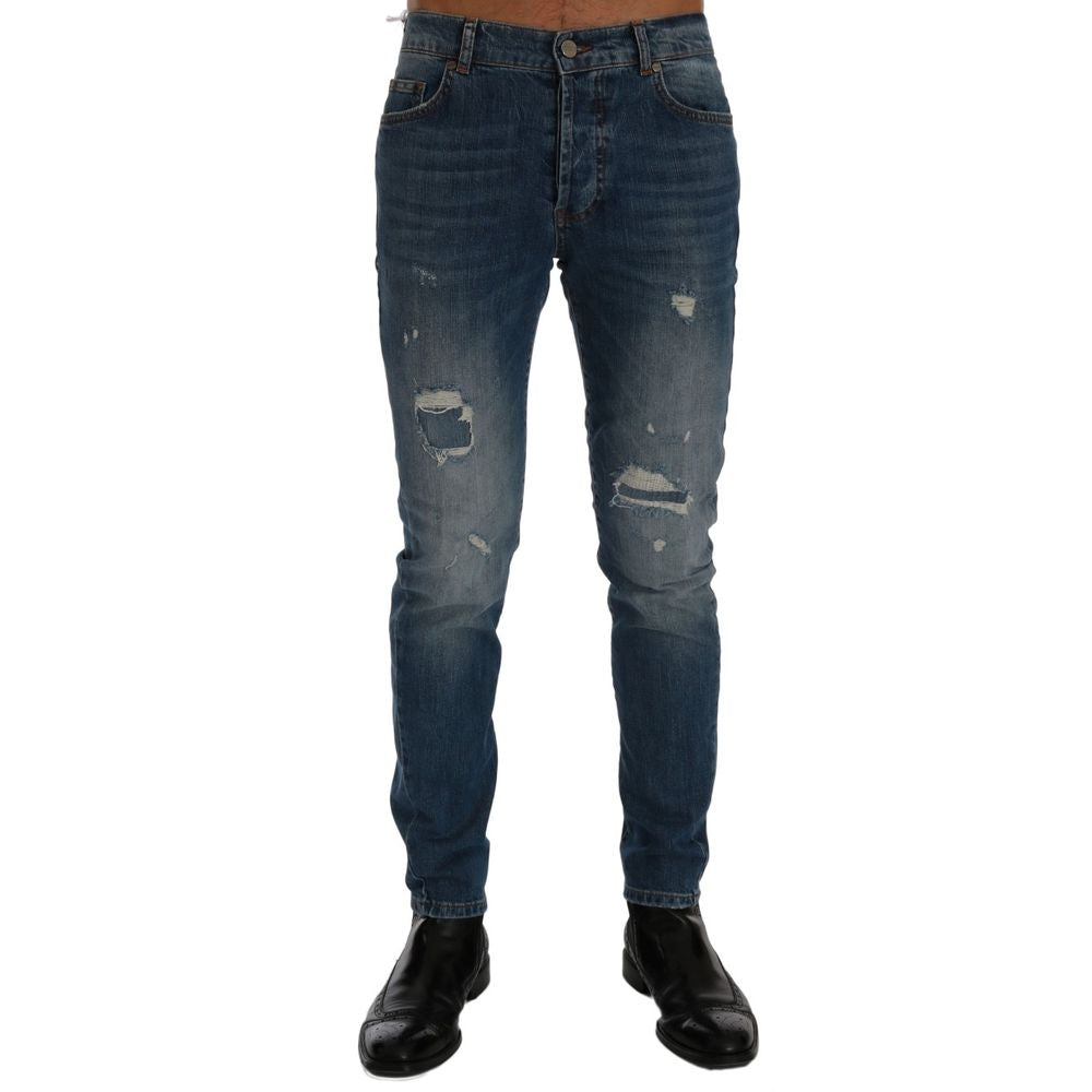 Frankie Morello Blue Washed Cotton Distressed Look Jeans