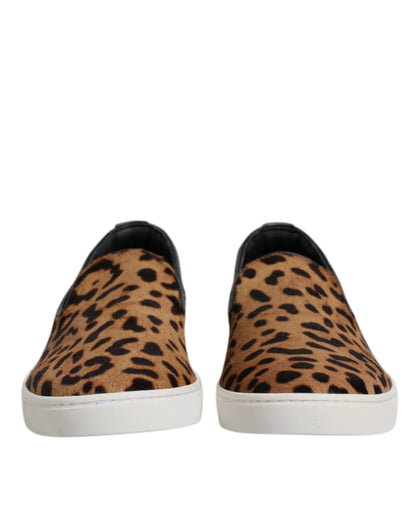 Dolce & Gabbana Brown Calfskin Fur Leopard Sneakers Shoes