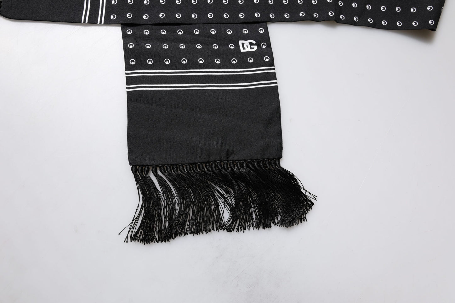 Dolce & Gabbana Black White Polka Dotted Silk Skinny Fringes Scarf