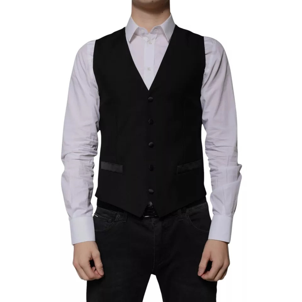 Dolce & Gabbana Men's Single Breasted Virgin Wool Silk Polyester & Viscose Vest - Black