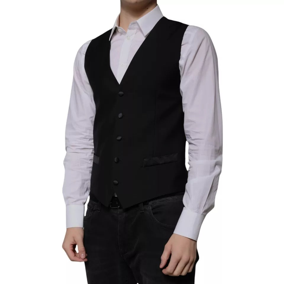 Dolce & Gabbana Men's Single Breasted Virgin Wool Silk Polyester & Viscose Vest - Black