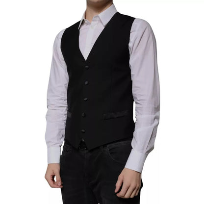 Dolce & Gabbana Men's Single Breasted Virgin Wool Silk Polyester & Viscose Vest - Black