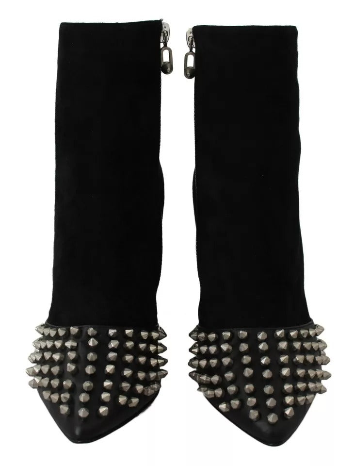Philipp Plein Black Suede Studded Heels Ankle Boots Shoes
