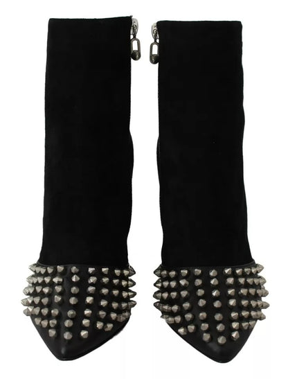 Philipp Plein Black Suede Studded Heels Ankle Boots Shoes