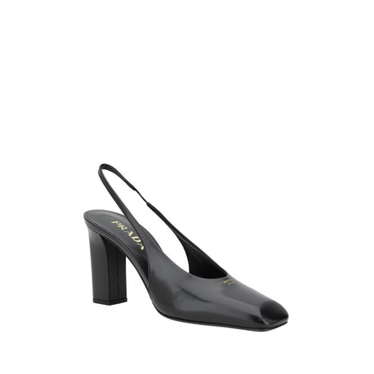 Slingback Pumps Heels by Prada for women in bos taurus calf leather black & monogram features an effortlessly chic silhouette, showcasing the elegant Women's Bos Taurus Calf Leather Slingback Pumps Heels design with a and a sophisticated square toe style.