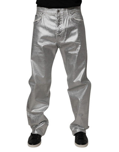 Dolce & Gabbana Metallic Silver Cotton Straight Denim Jeans