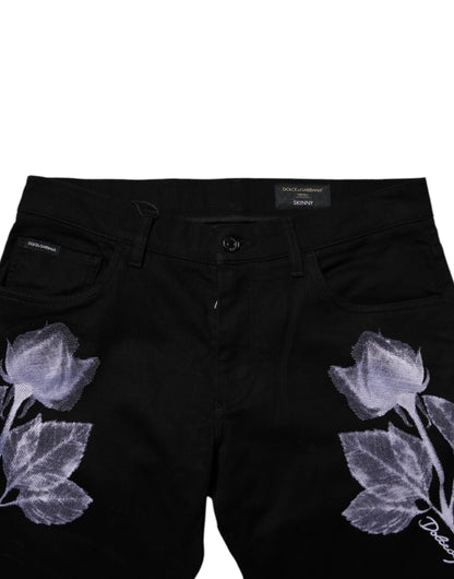 Dolce & Gabbana Black Floral Cotton Skinny Men Denim Jeans