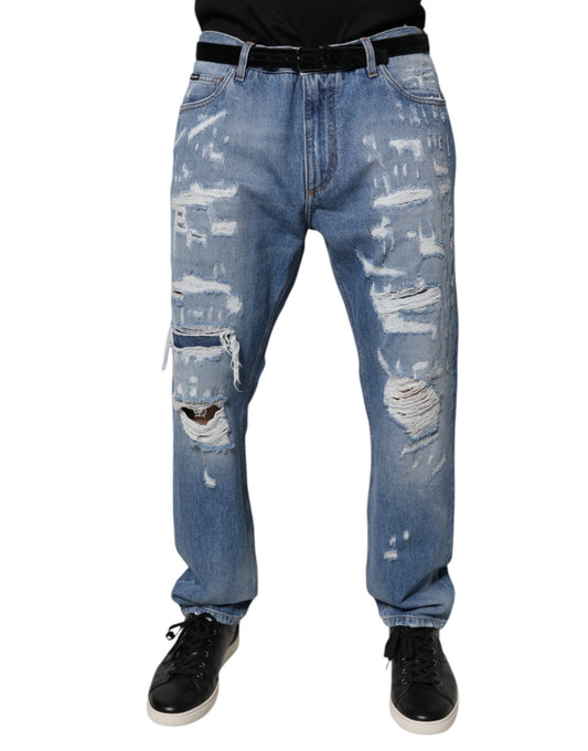 Dolce & Gabbana Blue Tattered Straight Cotton Denim Jeans