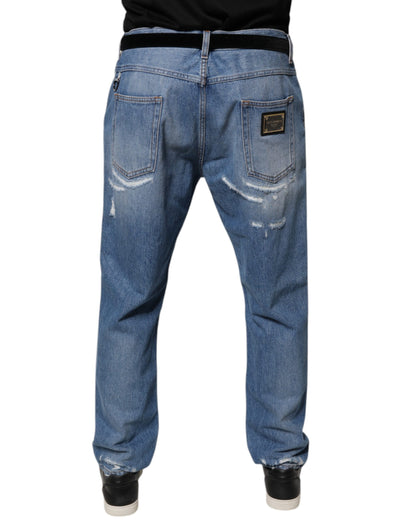 Dolce & Gabbana Blue Tattered Straight Cotton Denim Jeans