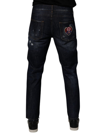 Dolce & Gabbana Dark Blue Cotton Tattered Skinny Denim Jeans