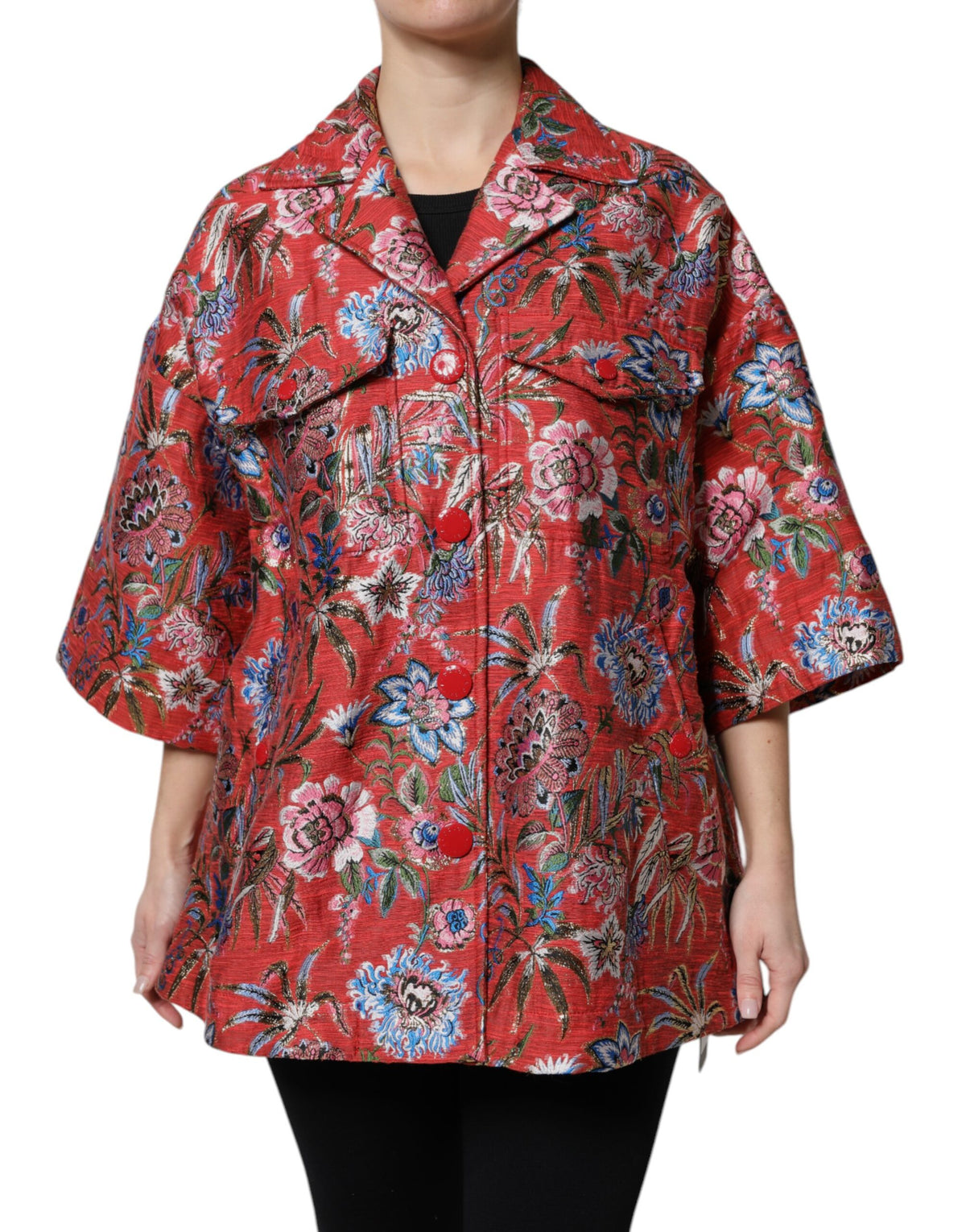 Dolce & Gabbana Women's Cotton Nylon Polyester & Silk Jacket - Red Floral Jacquard
