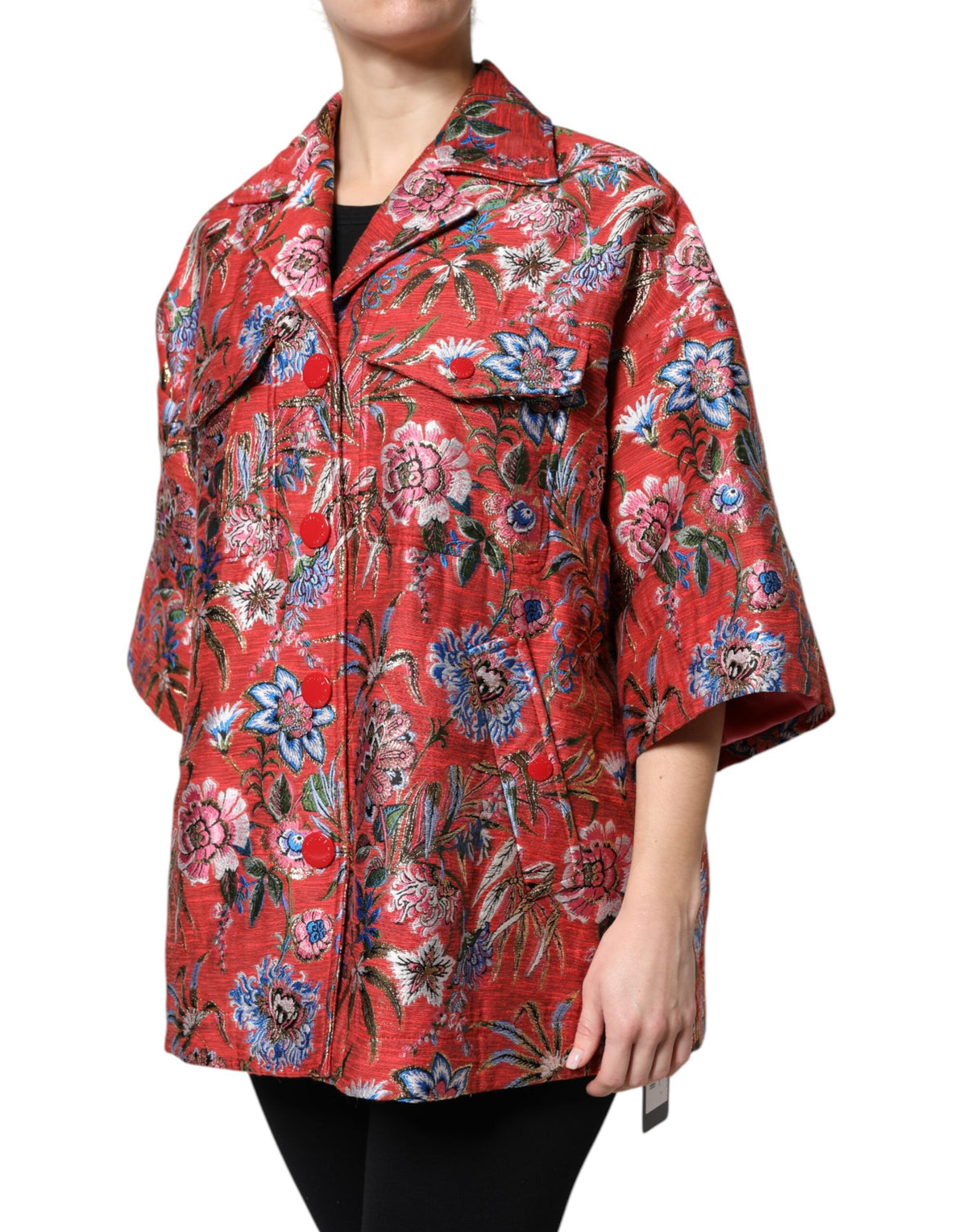 Dolce & Gabbana Women's Cotton Nylon Polyester & Silk Jacket - Red Floral Jacquard