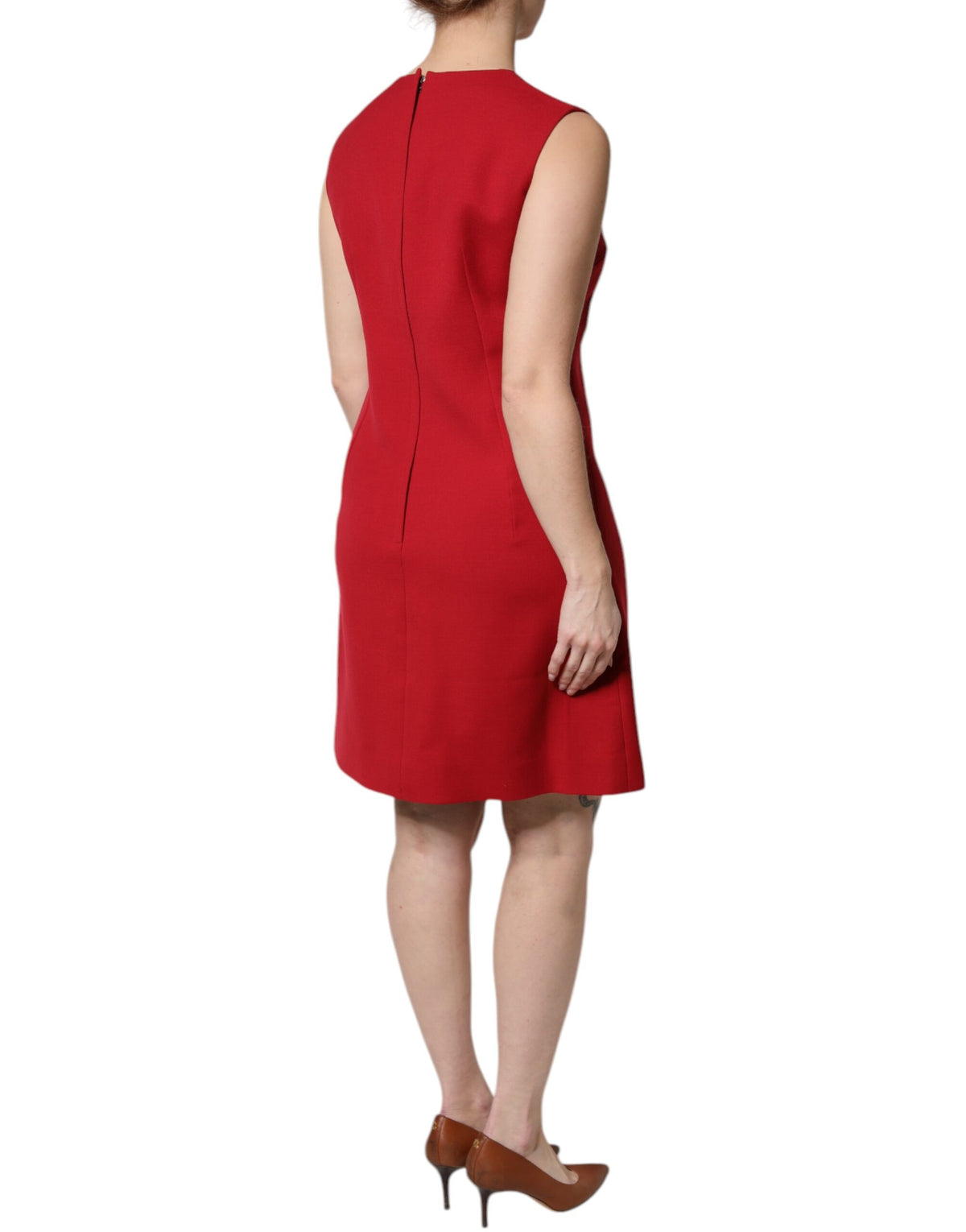 Dolce & Gabbana Women's A Line Sleeveless Round Neck Silk Wool & Elastane Knee Dress - Red