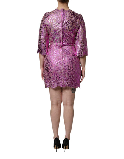 Dolce & Gabbana Women's Sheath Three-Quarter-Sleeve Crew Neck Cotton Polyamide Viscose & Silk Mini Dress - Fuchsia Floral Print