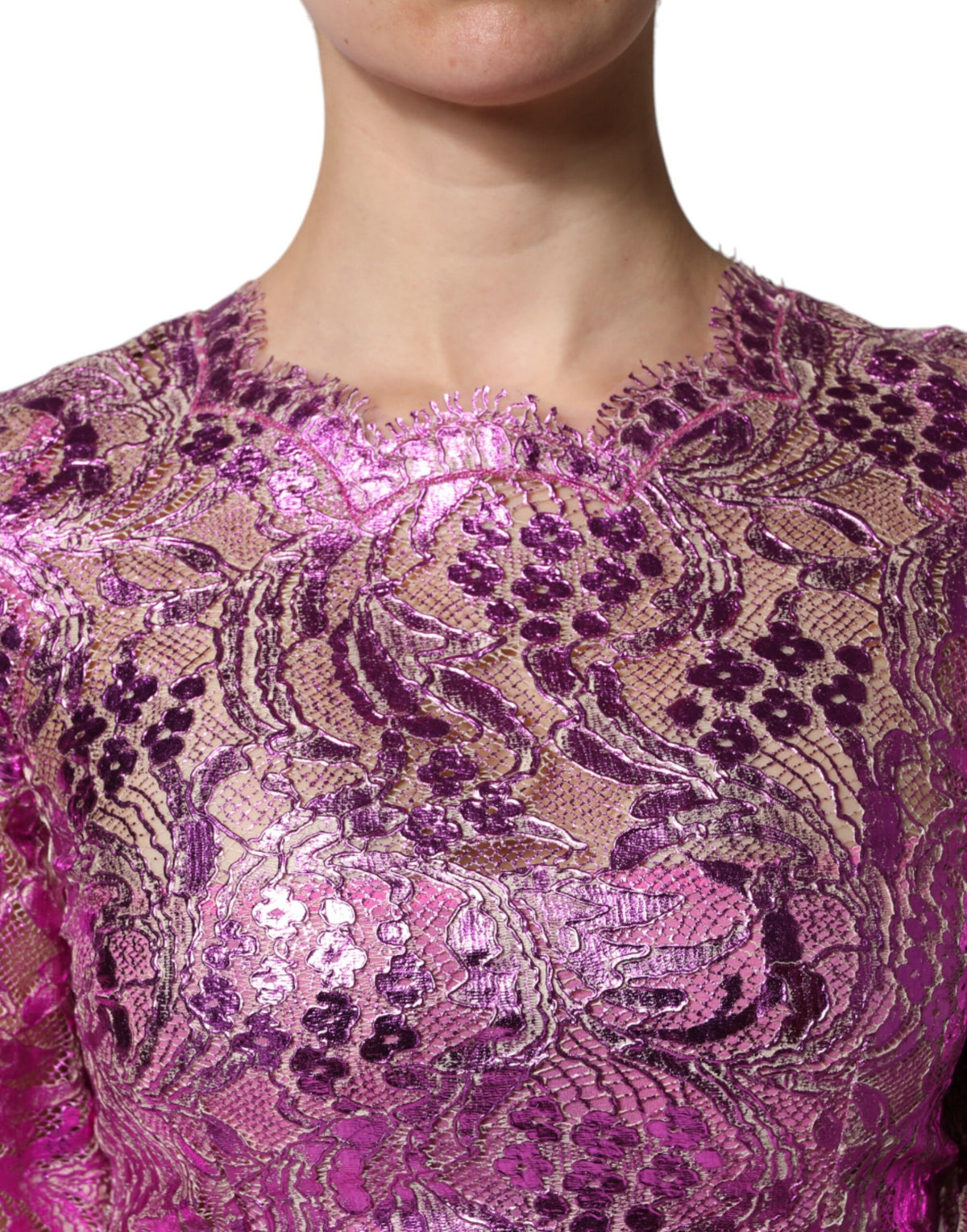 Dolce & Gabbana Women's Sheath Three-Quarter-Sleeve Crew Neck Cotton Polyamide Viscose & Silk Mini Dress - Fuchsia Floral Print