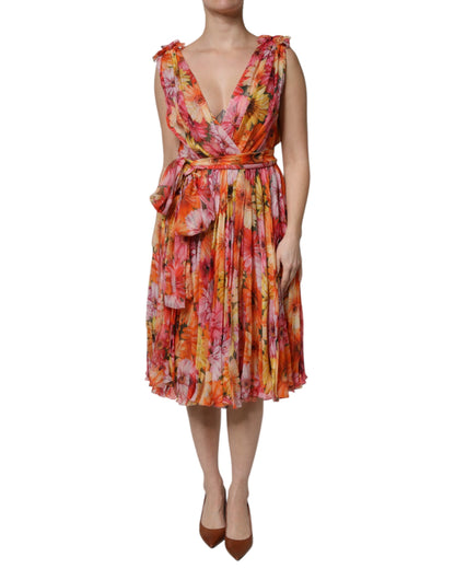 Dolce & Gabbana Women's Sleeveless V Neck Silk Nylon Chiffon Midi Dress - Multicolor Floral Print