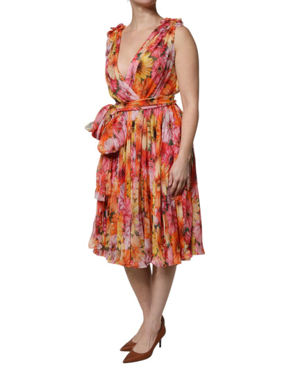 Dolce & Gabbana Women's Sleeveless V Neck Silk Nylon Chiffon Midi Dress - Multicolor Floral Print