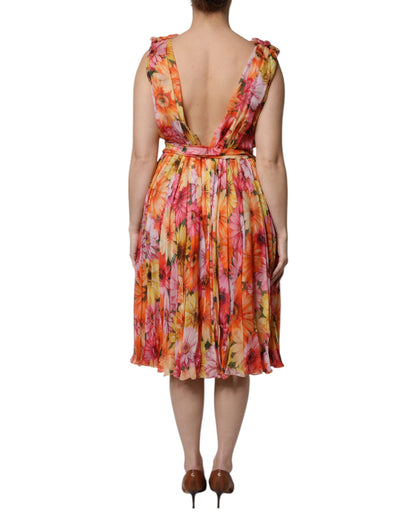 Dolce & Gabbana Women's Sleeveless V Neck Silk Nylon Chiffon Midi Dress - Multicolor Floral Print
