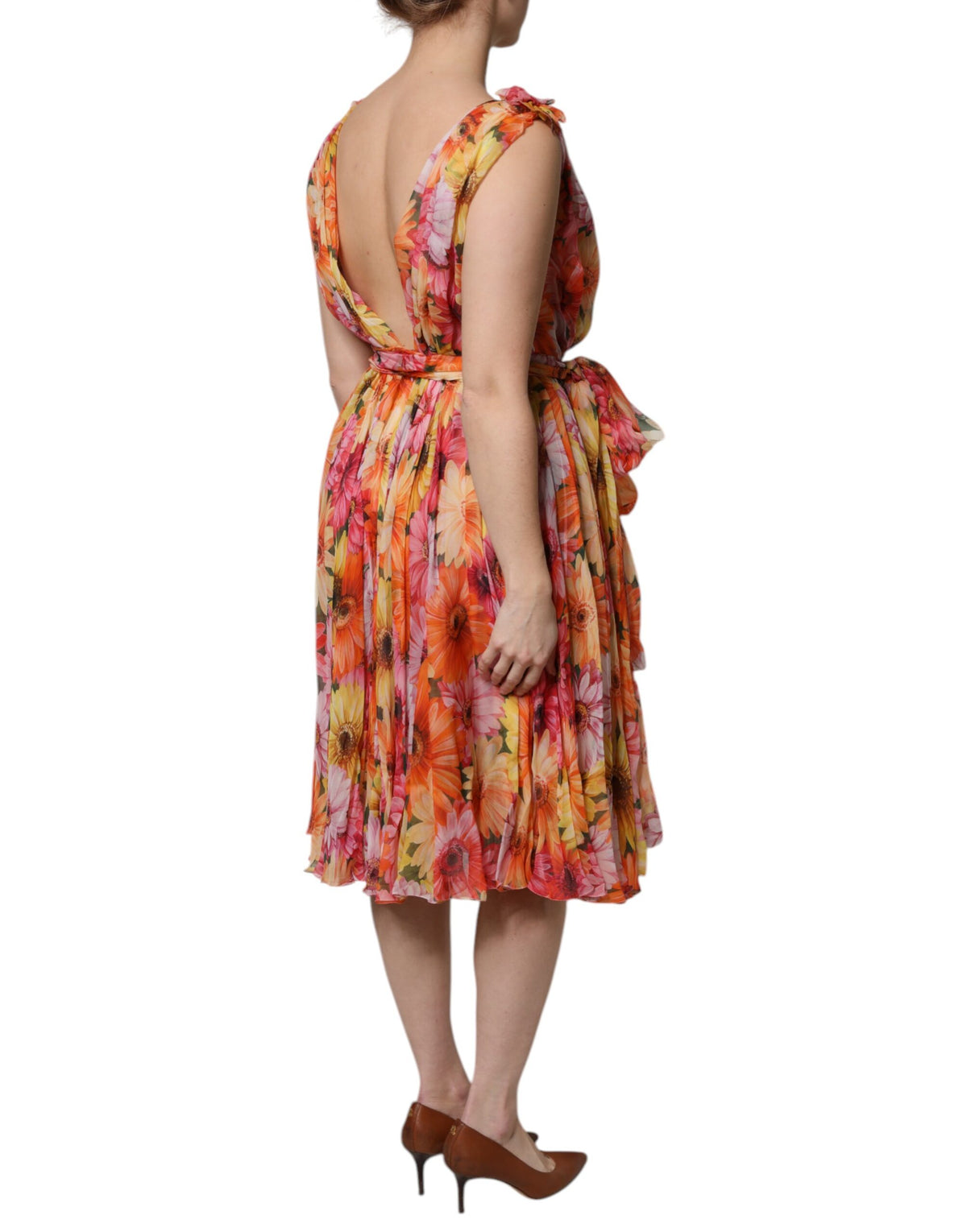 Dolce & Gabbana Women's Sleeveless V Neck Silk Nylon Chiffon Midi Dress - Multicolor Floral Print