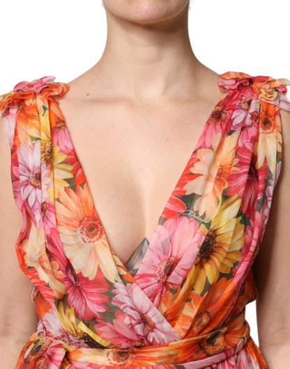 Dolce & Gabbana Women's Sleeveless V Neck Silk Nylon Chiffon Midi Dress - Multicolor Floral Print