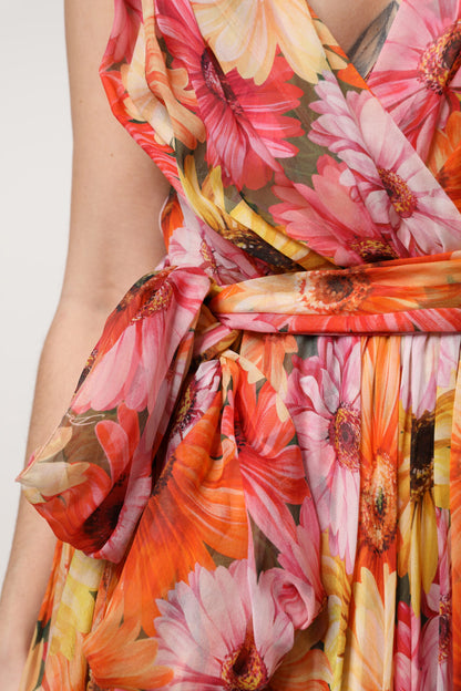 Dolce & Gabbana Women's Sleeveless V Neck Silk Nylon Chiffon Midi Dress - Multicolor Floral Print