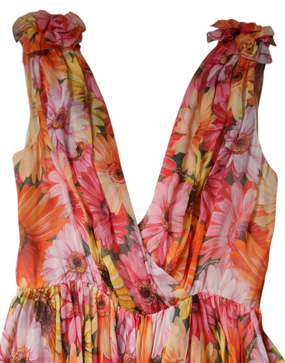 Dolce & Gabbana Women's Sleeveless V Neck Silk Nylon Chiffon Midi Dress - Multicolor Floral Print