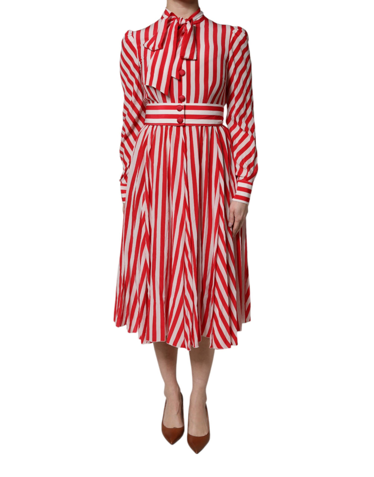 Dolce & Gabbana Women's A Line Long-Sleeve Silk Midi Dress - Red White Print Striped