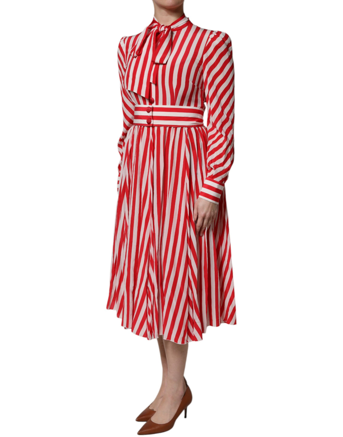 Dolce & Gabbana Women's A Line Long-Sleeve Silk Midi Dress - Red White Print Striped
