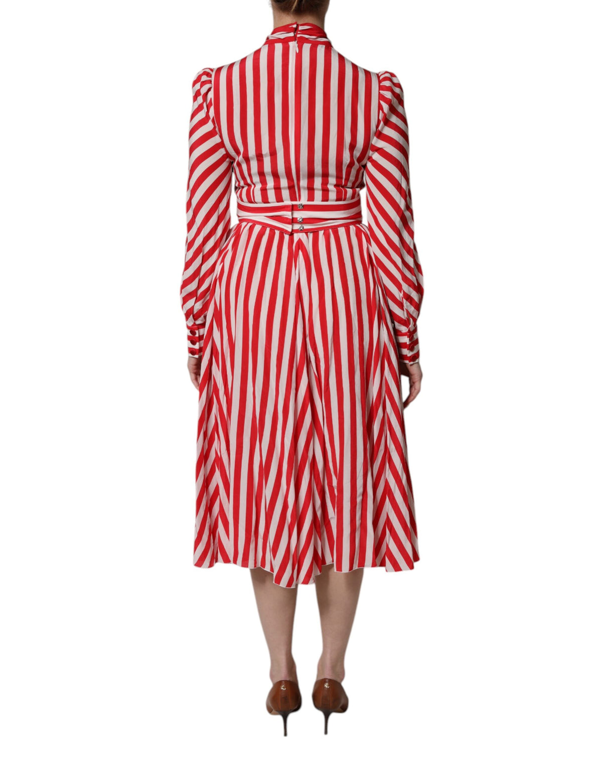 Dolce & Gabbana Women's A Line Long-Sleeve Silk Midi Dress - Red White Print Striped
