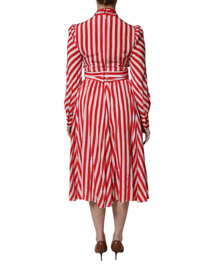 Dolce & Gabbana Women's A Line Long-Sleeve Silk Midi Dress - Red White Print Striped