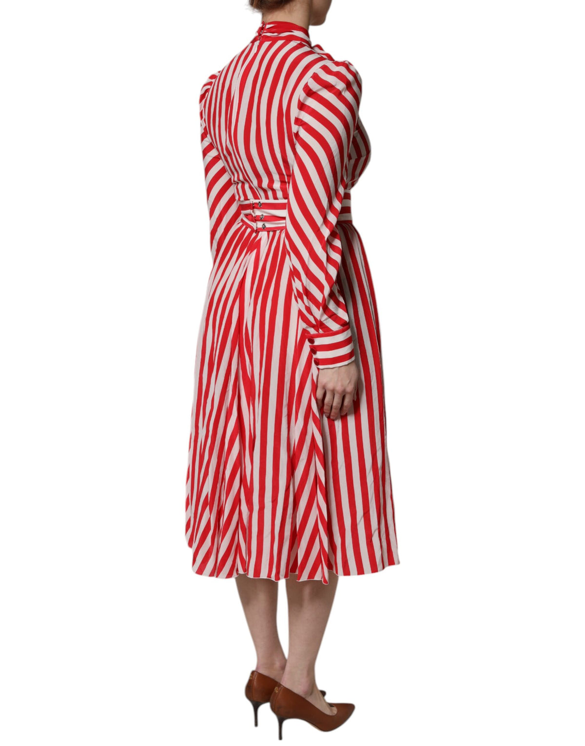 Dolce & Gabbana Women's A Line Long-Sleeve Silk Midi Dress - Red White Print Striped