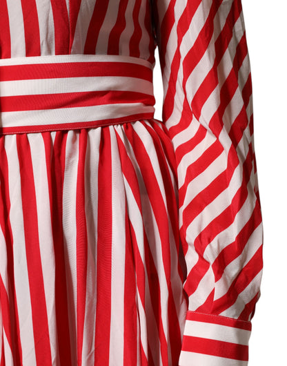 Dolce & Gabbana Women's A Line Long-Sleeve Silk Midi Dress - Red White Print Striped