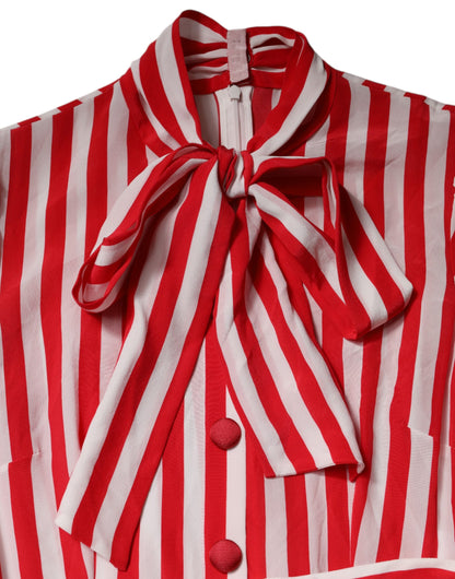 Dolce & Gabbana Women's A Line Long-Sleeve Silk Midi Dress - Red White Print Striped