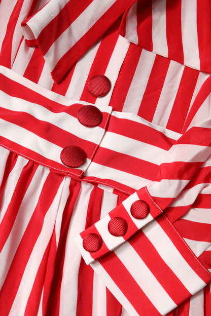 Dolce & Gabbana Women's A Line Long-Sleeve Silk Midi Dress - Red White Print Striped